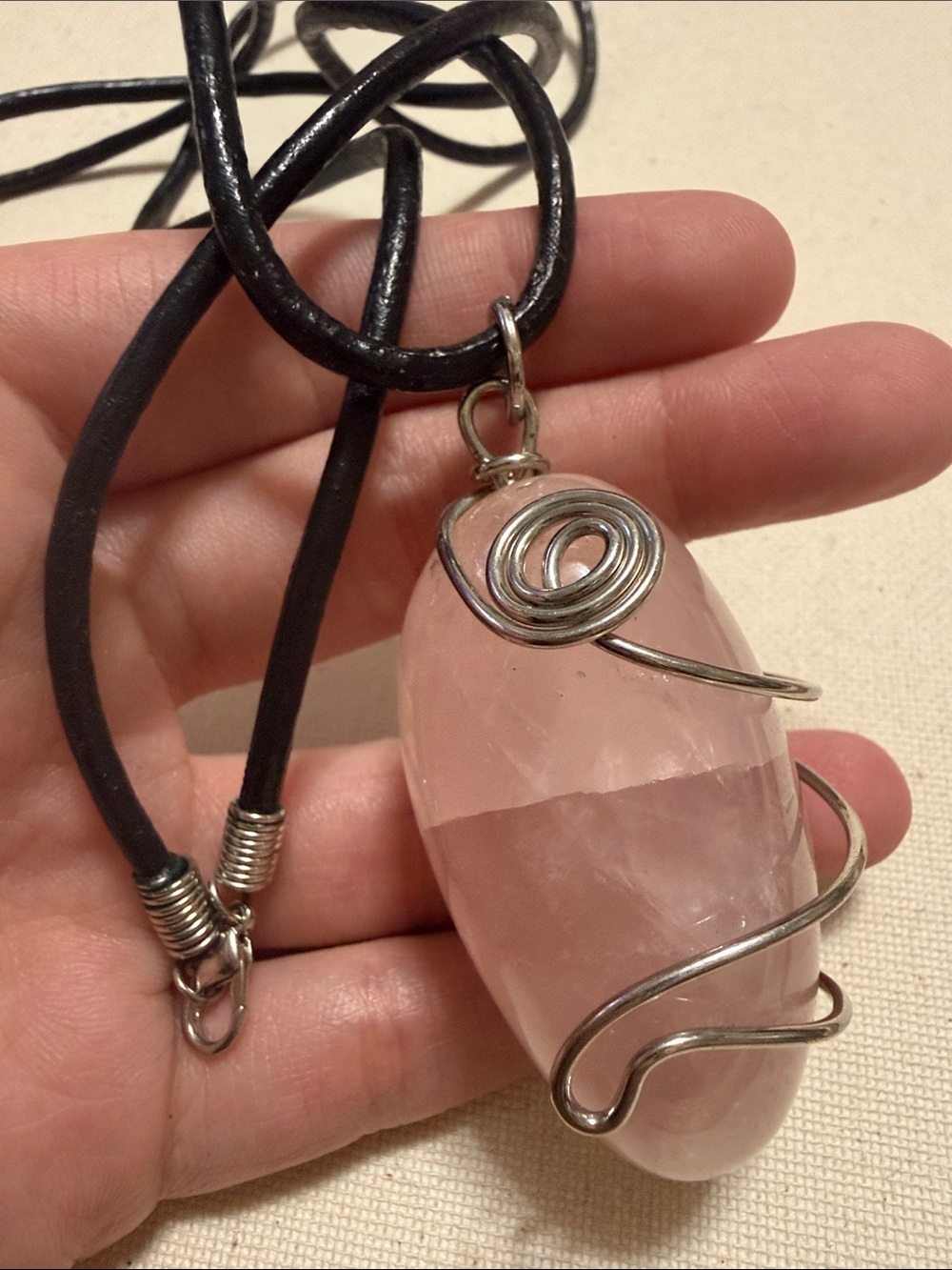 Silver-Wrapped Rose Quartz Pendant Necklace 35’ in Black Cord